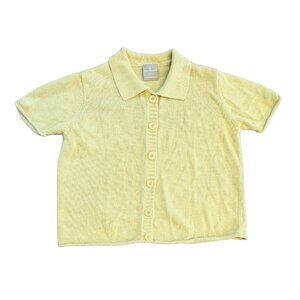 Vintage 90s Butter Yellow Button-up Collared Knit Polo Short Sleeve Sweater Sz S